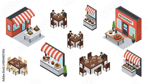 Isometric Restaurant Scenes - Dining, Service, and Culinary Spaces.