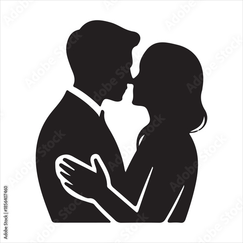 Silhouette of a wedding couple in formal attire, Bride and groom facing each other silhouette, Romantic couple in tuxedo and gown illustration