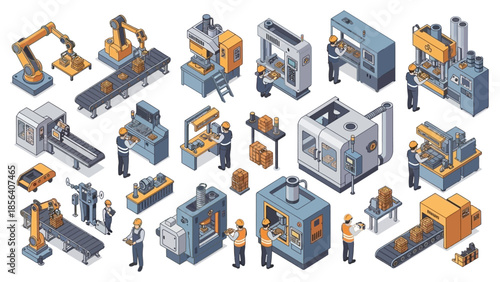 Isometric View of Industrial Manufacturing Machines and Workers.