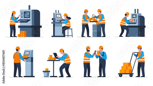 Set of factory workers operating machinery and transporting goods.