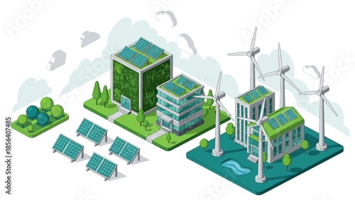 Sustainable Cityscape - Eco-Friendly Buildings and Renewable Energy Sources.