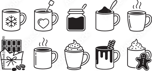 Collection of nine black and white hot chocolate and coffee related icons snowflake