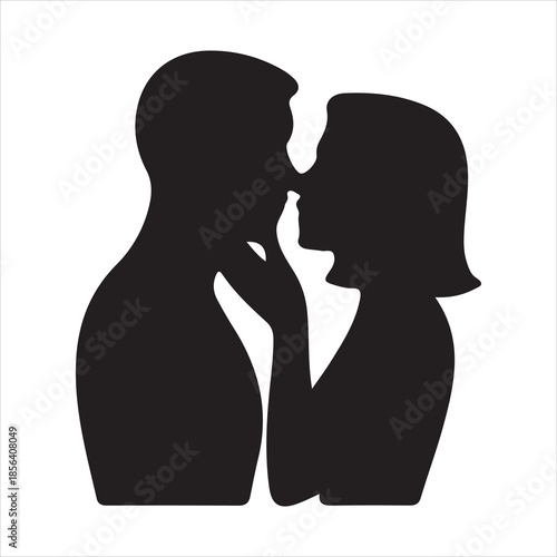 Silhouette of a romantic couple leaning in for a kiss, Man and woman in an intimate moment profile, Valentine's day couple silhouette illustration
