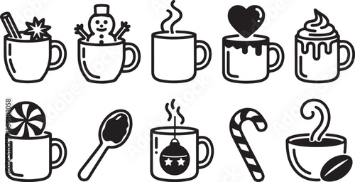 Collection of nine black and white hot chocolate and winter drink icons vector