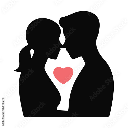 Silhouette of a loving couple holding a large red heart, Romantic man and woman with heart symbol, Valentine's day couple silhouette illustration