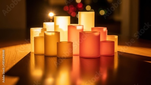 Warmly lit candles on wooden table