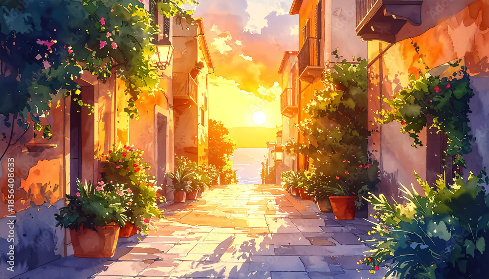Fototapeta premium 夕焼けに染まる町__generated by AI