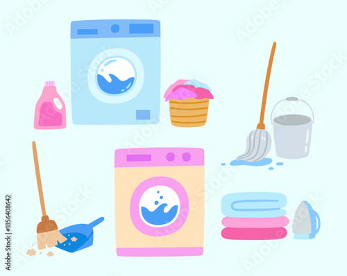 Set of cleaning and laundry tools. Washing machine, detergent, mop, bucket, broom, dustpan, clothes, iron illustrations.
