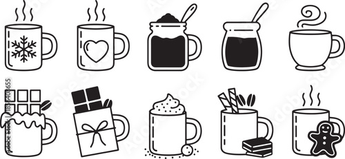 Collection of nine hot chocolate mugs and treats with steam and decorative elements drink beverage