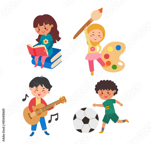 Kids playing and studying vector activities. Books, painting tools, guitar and music, football. Bundle of children illustration for education background design.