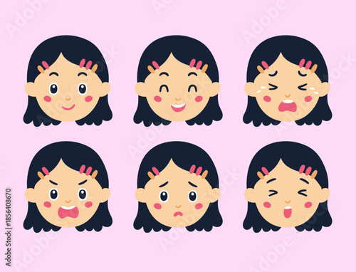 Cute little girl emotion cartoon. Expressive face collection, happy, sad, angry, disappointed, sleepy for educational card.