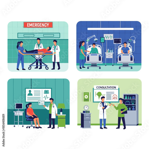 A set of four flat illustrations depicting various medical services and hospital scenes, including emergency, intensive care, and doctor consultations.