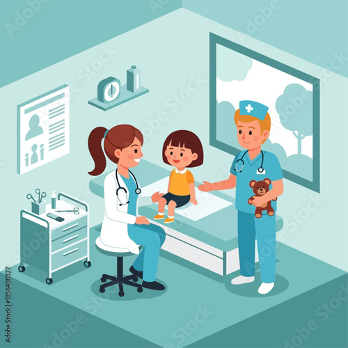 Isometric illustration of a friendly female pediatrician and male nurse comforting a young child during a medical check-up in a clinic.