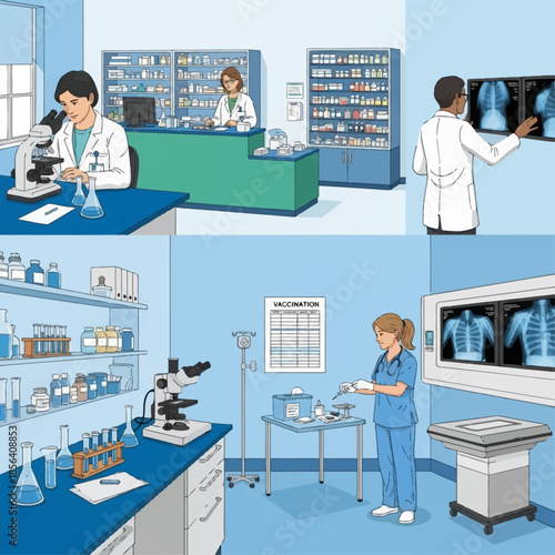 This image depicts various medical and scientific professionals working in different healthcare and laboratory environments.