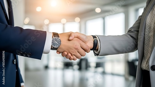 Successful Deal Handshake in Modern Workspace with Soft Bokeh Background and Natural Light.
