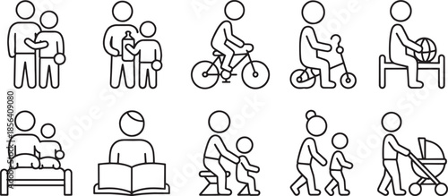 Collection of nine minimalist outline icons depicting family activities and daily life people