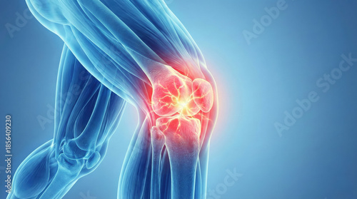 3D rendering of a human knee joint with highlighted pain area, illustrating medical discomfort or injury.