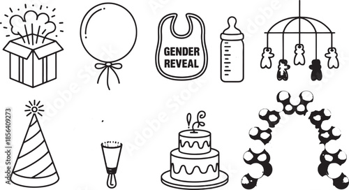 Gender reveal party icons open box balloon bib baby bottle mobile cake celebration surprise