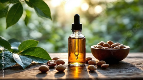 Glass dropper bottle with natural extract or essence like nut oil 