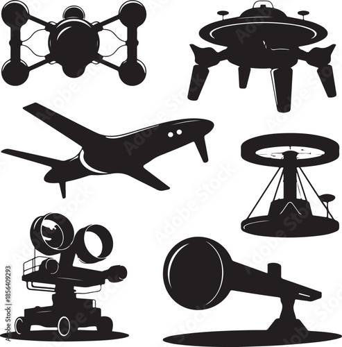 Collection of various snow vehicles and tracked carriers isolated illustration