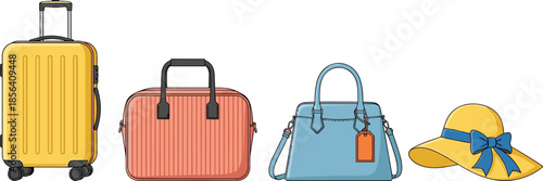 Travel luggage and fashion accessories illustration, suitcase handbag hat collection, vacation packing essentials, tourism lifestyle graphic design