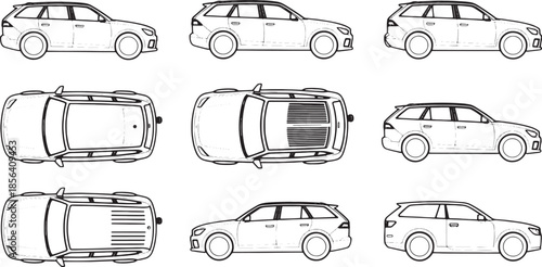 Nine minimalist outline drawings of a station wagon car from various angles illustration