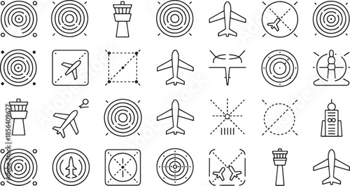 A collection of black and white line art icons depicting air travel and navigation elements airplane