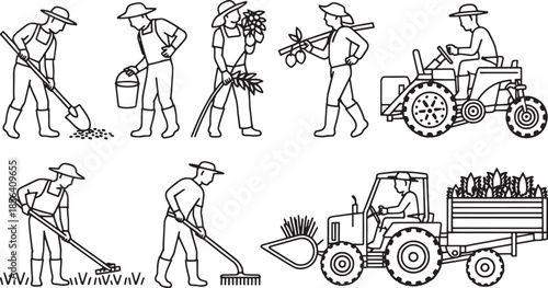 Agricultural workers with shovels rakes tractors and harvested crops farmer agriculture