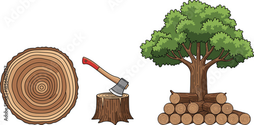 Tree logging illustration set, wood cutting process with axe stump logs, forestry timber concept, nature resource management design