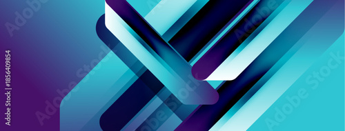 Abstract geometric design. Blue, purple hues create dynamic visual effect. Modern, sleek composition with layered shapes.