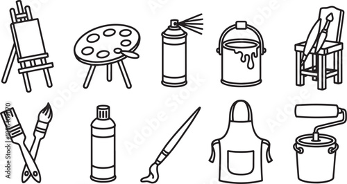 Collection of black and white line art icons for art and painting supplies easel palette