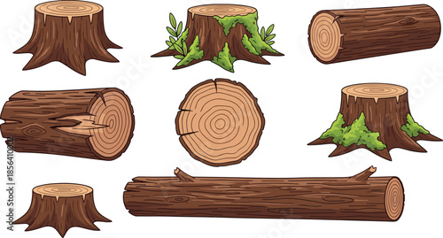 Tree stump and log illustration set, wood textures, forest elements, mossy stumps, bark cross-sections, nature clipart, forestry graphics