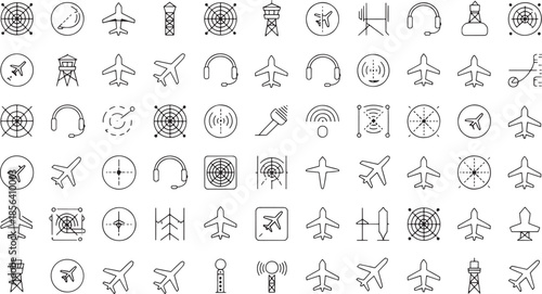 Collection of black and white line art icons representing air traffic control and aviation airplane aircraft