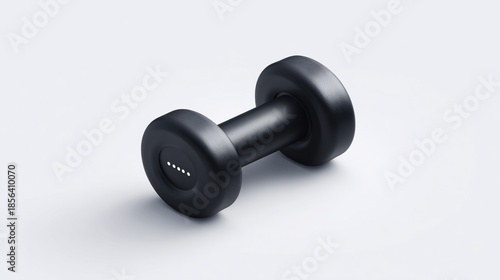 A sleek, modern black dumbbell with smooth rounded edges, resting on a white surface