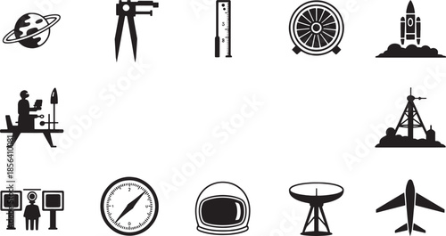 Black and white vector icons of space exploration and measurement tools planet ringed planet