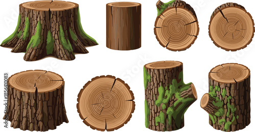 Tree stump and wood log set, forest cut trunk rings texture, nature timber elements, cartoon illustration isolated white background