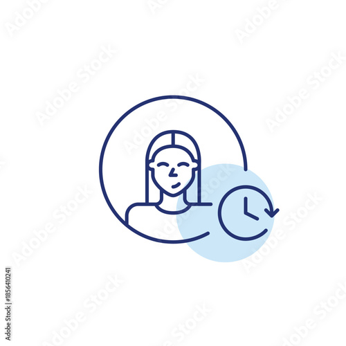 Female user and clock. Daily routine, timeless tracking and work schedules. Pixel perfect, editable stroke vector icon