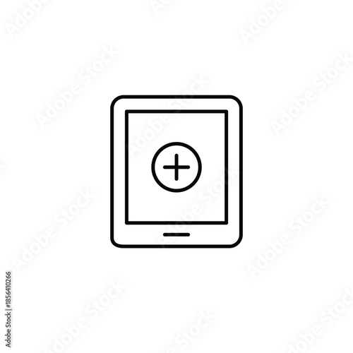 New task, screen add, app install, user workspace update. Plus on electronic tablet. Pixel perfect, editable stroke vector icon
