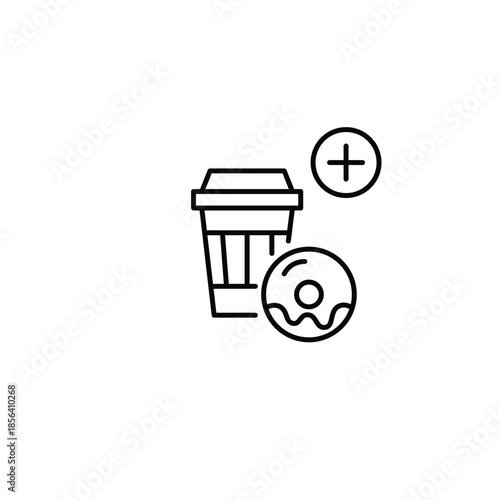 Coffee, donut and plus symbol. Adding dessert to your drink. Cafe and snacks. Pixel perfect, editable stroke vector icon