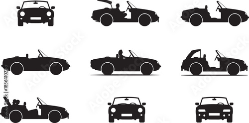 Collection of black convertible car silhouettes from various angles vehicle automobile