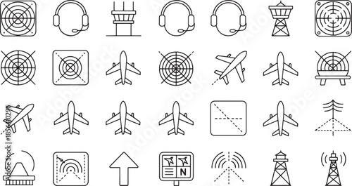 Collection of black line art icons for aviation and technology airplane aircraft