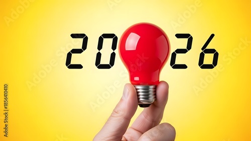 Bright ideas illuminating the future A symbolic red light bulb represents innovation and fresh beginnings for the year 2026, standing out against a cheerful yellow backdrop