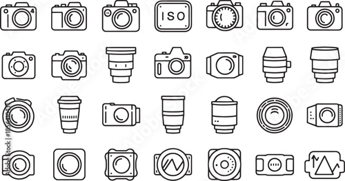 Collection of black outline icons of cameras lenses and photography equipment vector