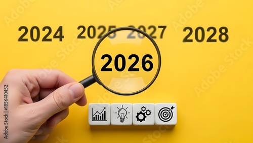Magnifying glass focusing on the year 2026, symbolizing future planning, strategic business goals, and the detailed process of achieving annual objectives and success