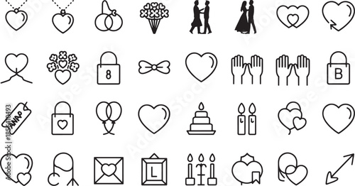 Collection of heart symbols and romantic icons in outline style love romance