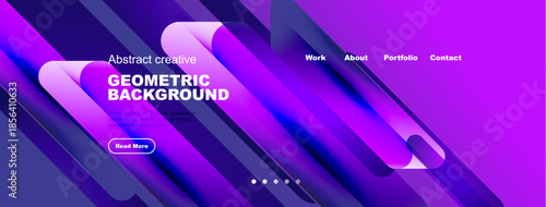 Vibrant purple design features geometric shapes, text overlays, navigation menu. Modern aesthetic suitable for website header or banner.