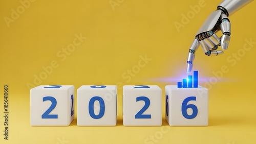 Futuristic robotic arm ignites growth and innovation for 2026, pushing towards AI-driven progress and technological advancements in the coming year