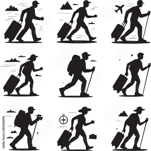 Collection of travel and hiking silhouette icons with luggage and gear