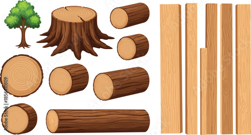 Wood logs and planks set, tree stump, timber collection, natural lumber materials, forestry concept, woodworking elements, isolated illustration