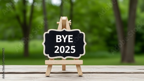 Miniature chalkboard easel displaying 'BYE 2025' message, symbolizing the end of a year and the hopeful anticipation of new beginnings and future opportunities